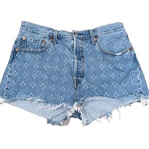 Levi's 501 High Rise Denim Jean Shorts Button Fly Fringe Dottie Blues Sz 32
